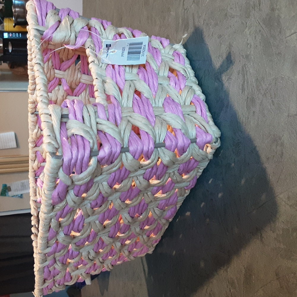 Pink and tan storage basket